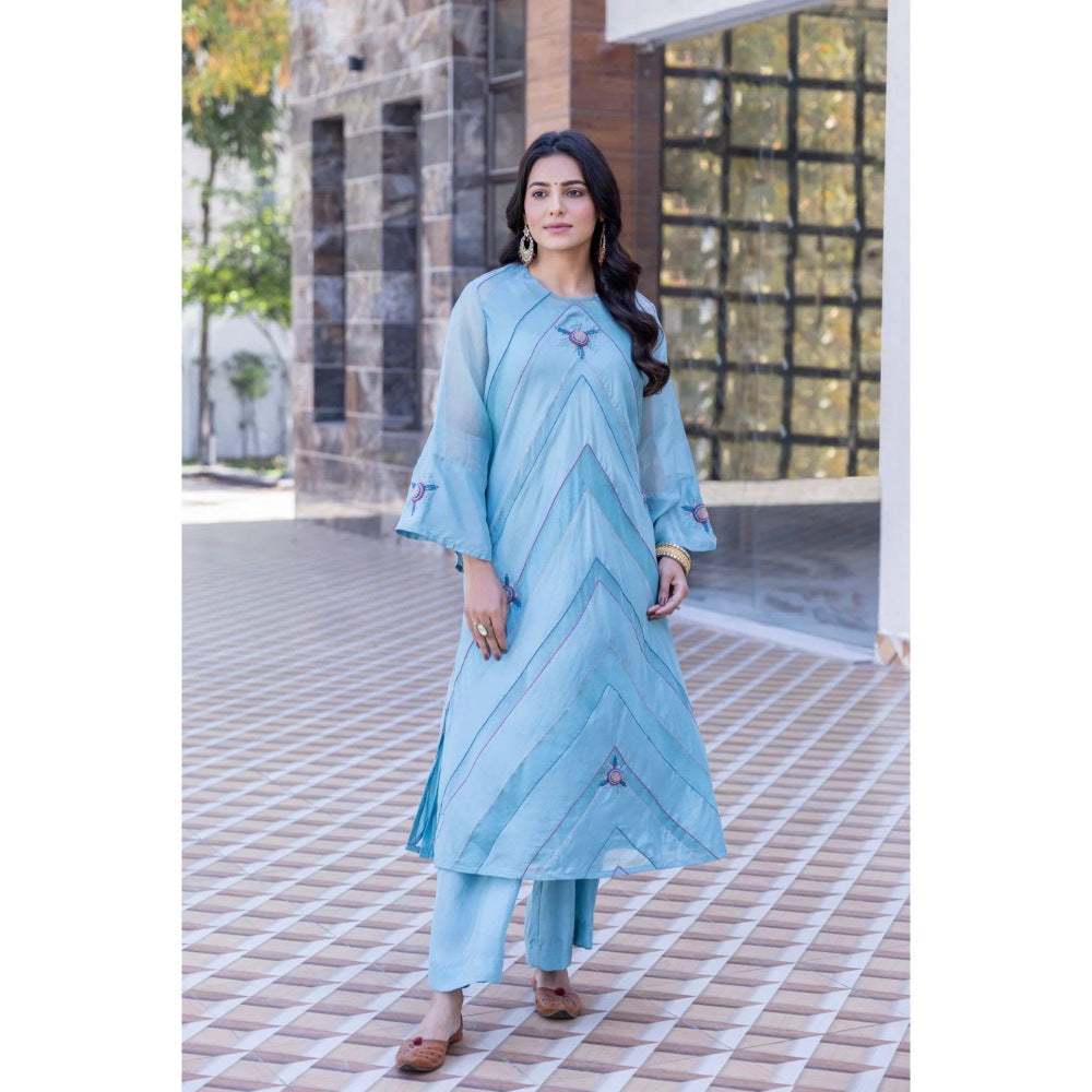 Janki India Sky Blue Organza Silk Kurta with Palazzo (Set of 2)