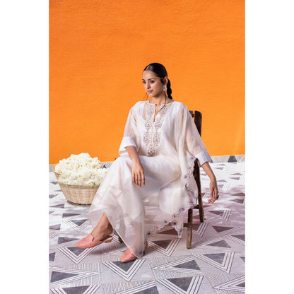 Janki India Ivory Organza Kaftan with Pant and Slip (Set of 3)