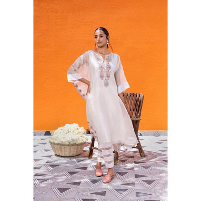 Janki India Ivory Organza Kaftan with Pant and Slip (Set of 3)