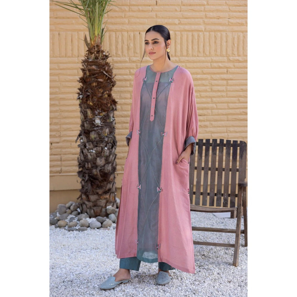 Janki India Baby Pink Organza Silk Kurta with Slip and Pant (Set of 3)