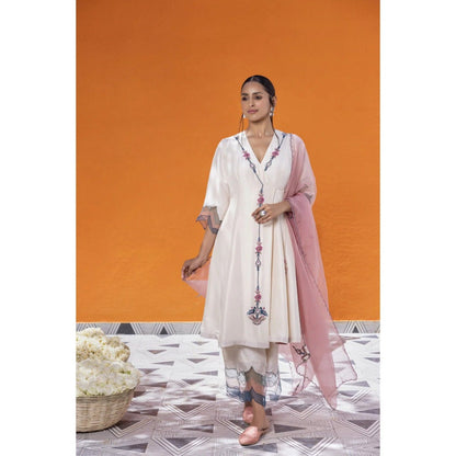Janki India Ivory Angrakha with Pant and Dupatta (Set of 3)