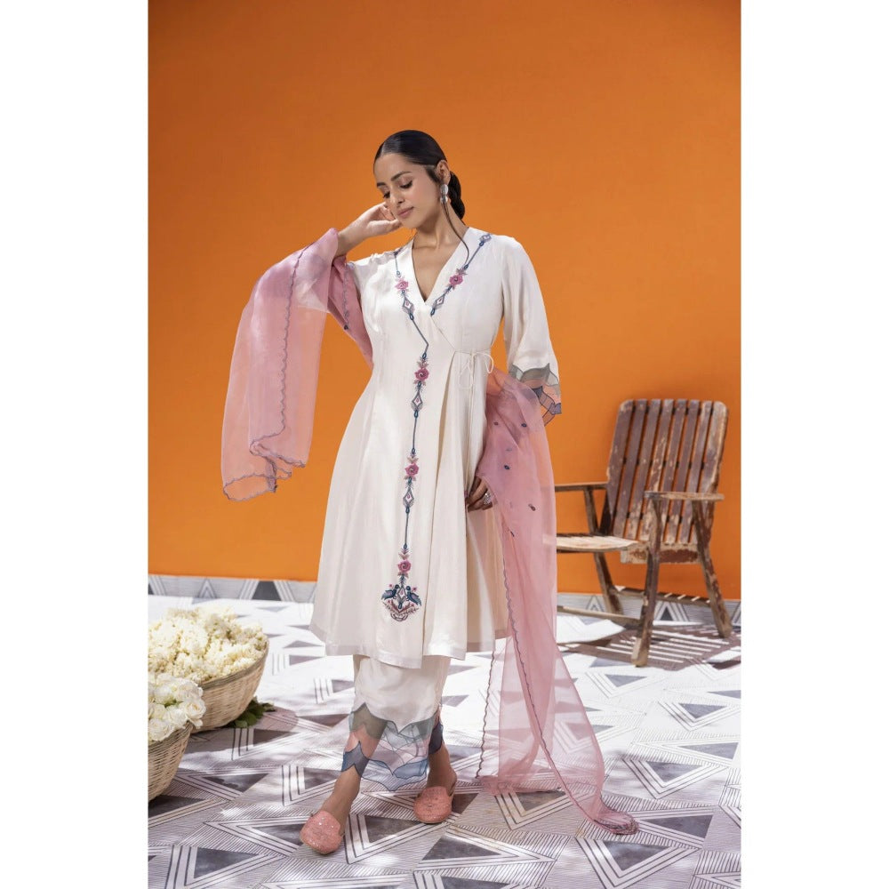 Janki India Ivory Angrakha with Pant and Dupatta (Set of 3)