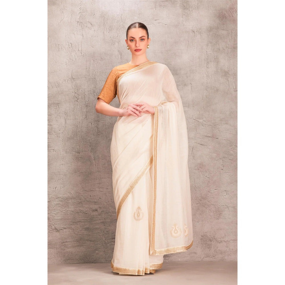 Janki India White Chanderi Brown Saree with Stitched Blouse and Petticoat