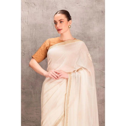Janki India White Chanderi Brown Saree with Stitched Blouse and Petticoat