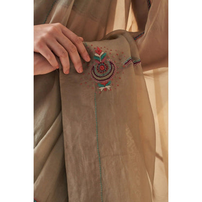 Janki India Brown Organza Saree with Stitched Blouse and Petticoat