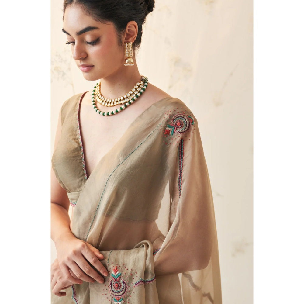 Janki India Brown Organza Saree with Stitched Blouse and Petticoat