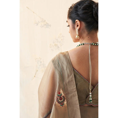 Janki India Brown Organza Saree with Stitched Blouse and Petticoat