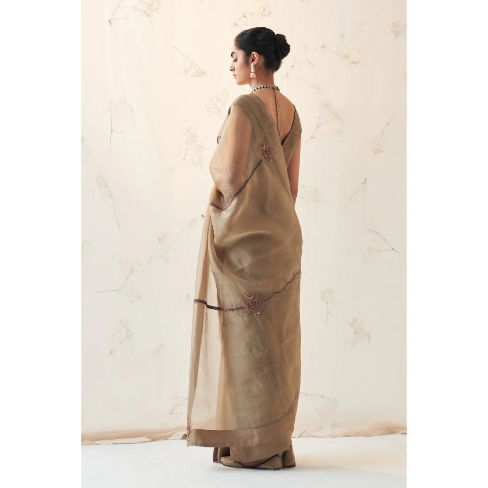 Janki India Brown Organza Saree with Stitched Blouse and Petticoat