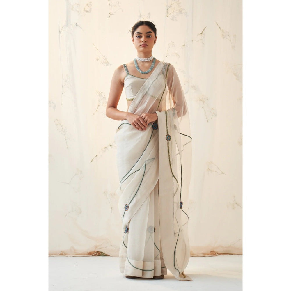 Janki India White Organza Saree with Stitched Blouse and Petticoat