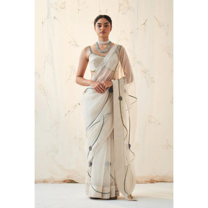 Janki India White Organza Saree with Stitched Blouse and Petticoat