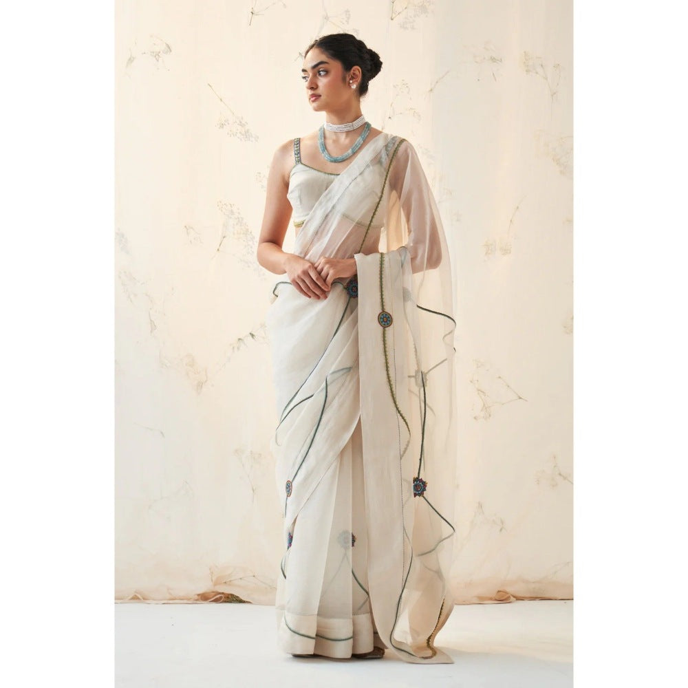Janki India White Organza Saree with Stitched Blouse and Petticoat
