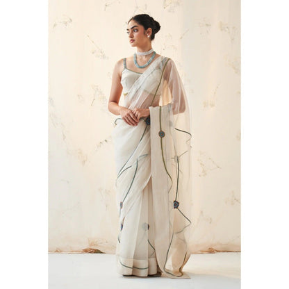 Janki India White Organza Saree with Stitched Blouse and Petticoat
