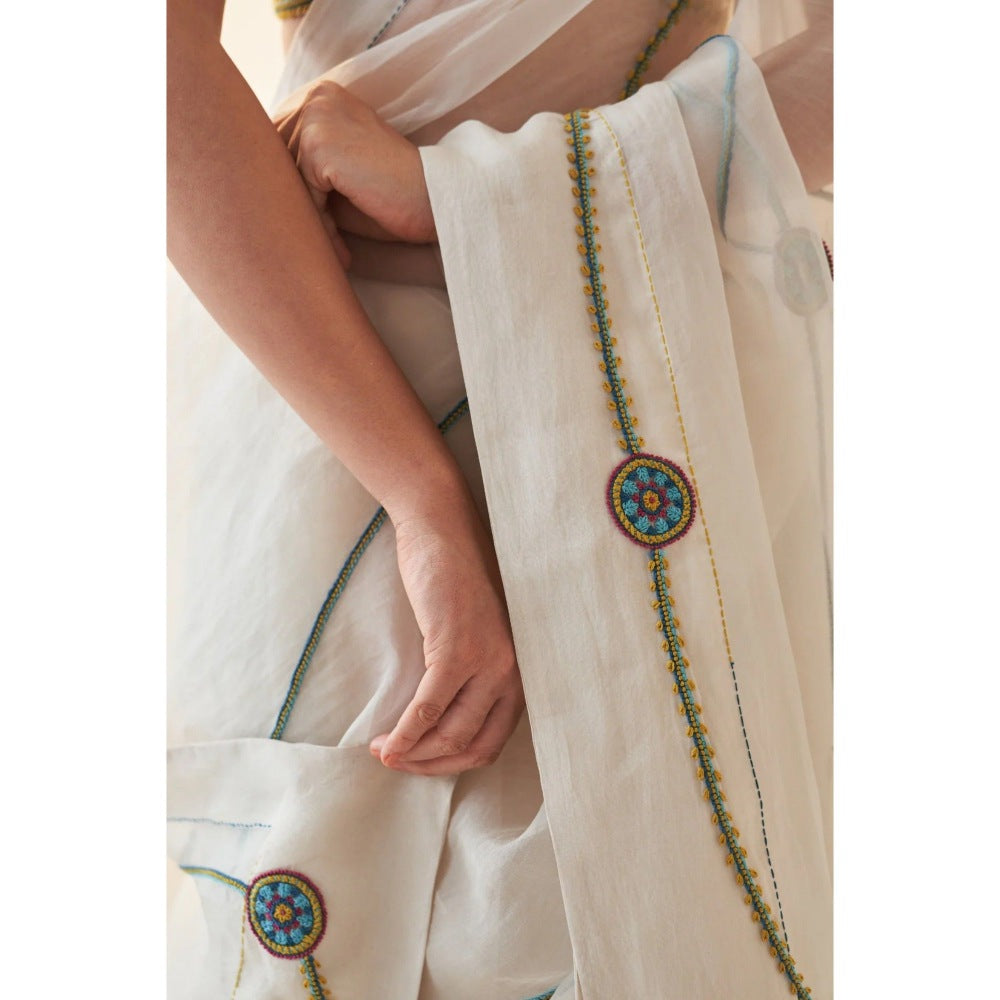 Janki India White Organza Saree with Stitched Blouse and Petticoat