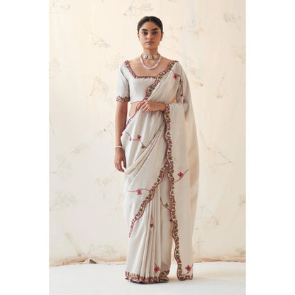 Janki India Ivory Silk Saree with Stitched Blouse and Petticoat
