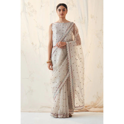 Janki India Ivory Booti Work Saree with Stitched Blouse and Petticoat