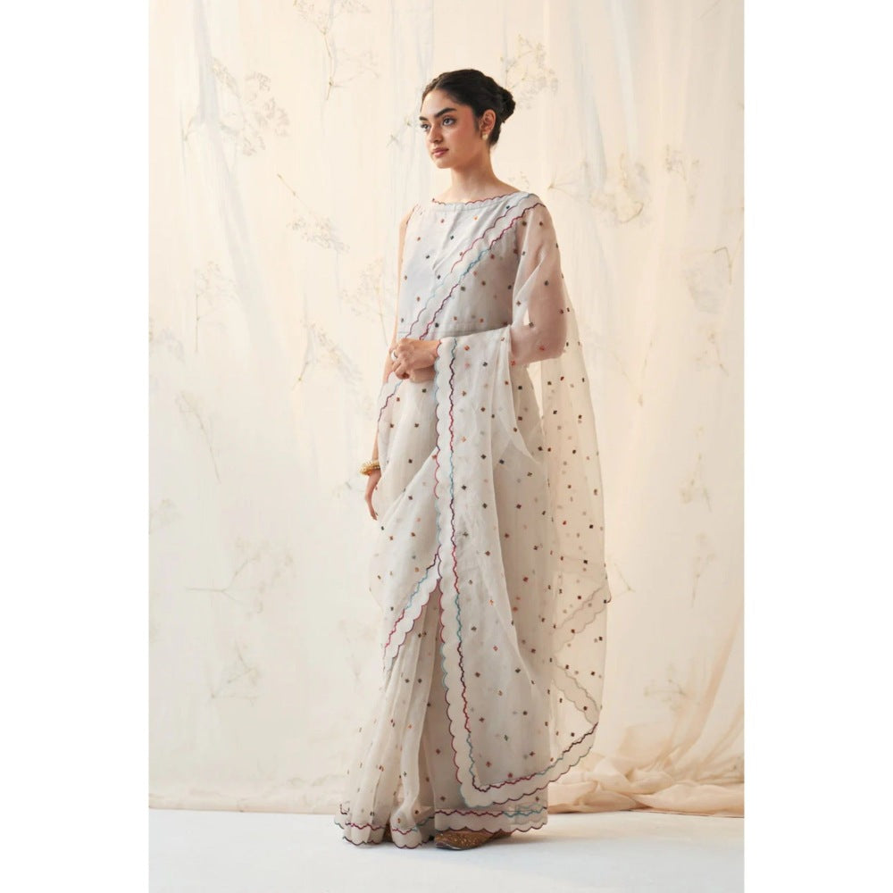 Janki India Ivory Booti Work Saree with Stitched Blouse and Petticoat