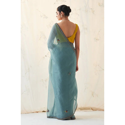 Janki India Teal Organza Saree with Stitched Blouse and Petticoat