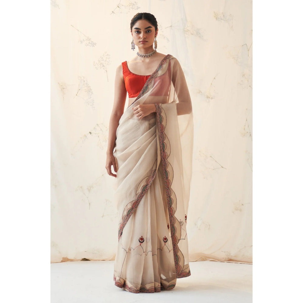 Janki India Off White Organza Saree with Stitched Blouse and Petticoat