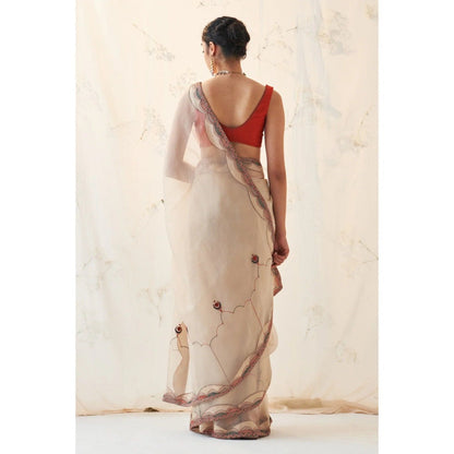 Janki India Off White Organza Saree with Stitched Blouse and Petticoat