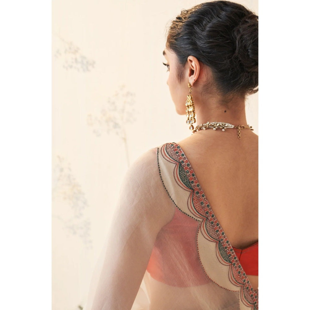 Janki India Off White Organza Saree with Stitched Blouse and Petticoat