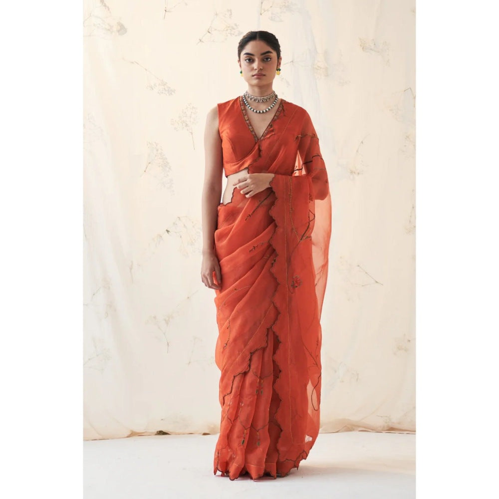 Janki India Rust Organza Saree with Stitched Blouse and Petticoat