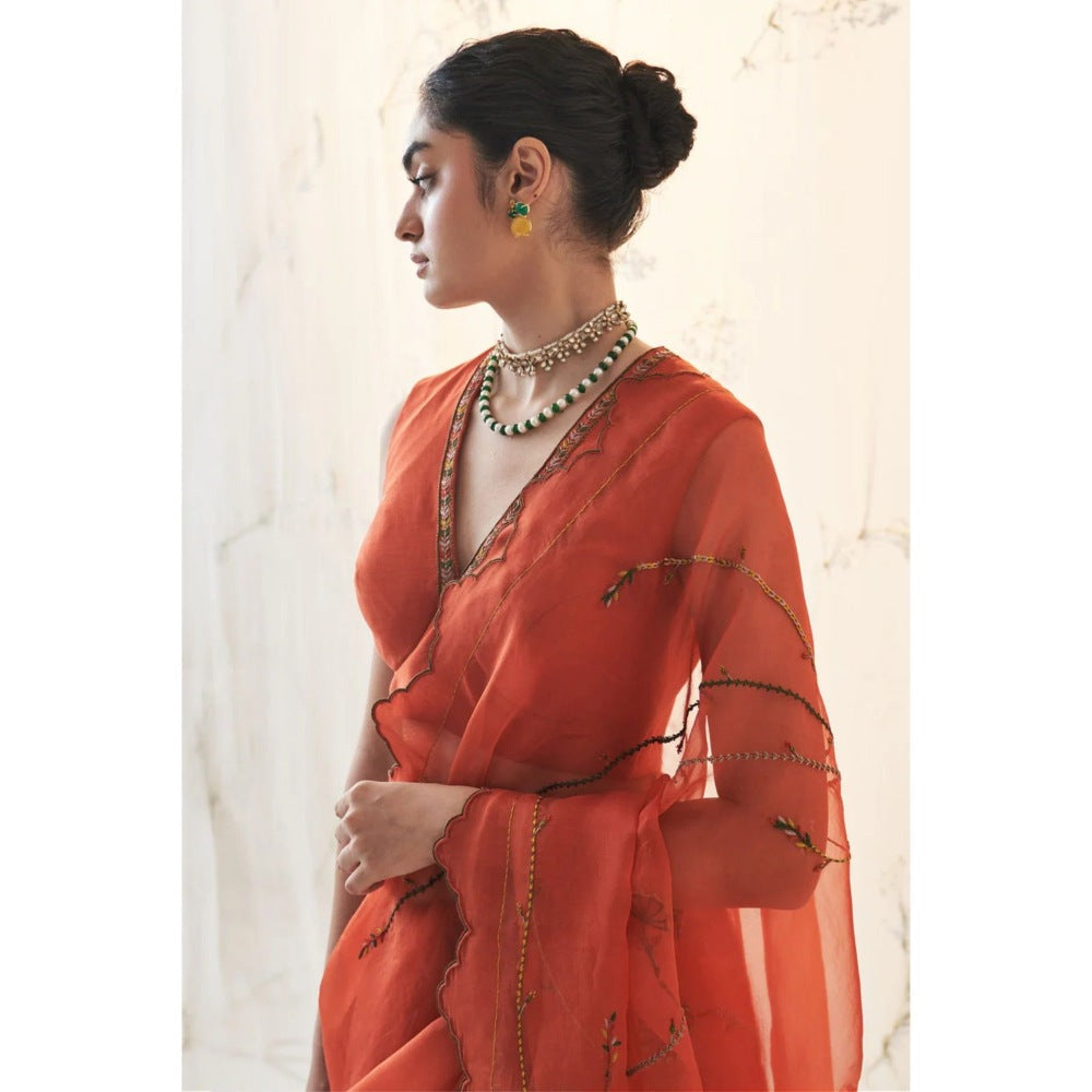 Janki India Rust Organza Saree with Stitched Blouse and Petticoat