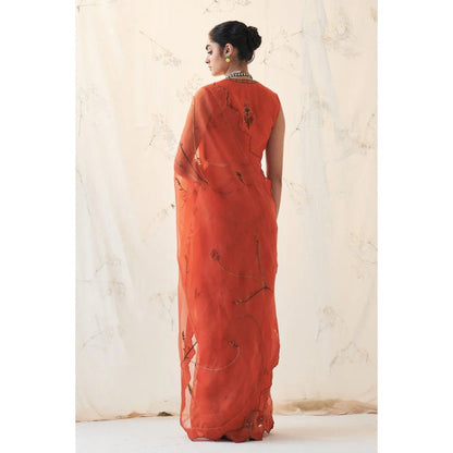 Janki India Rust Organza Saree with Stitched Blouse and Petticoat