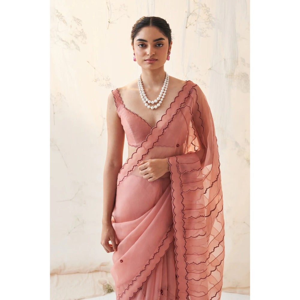 Janki India Peach Organza Saree with Stitched Blouse and Petticoat