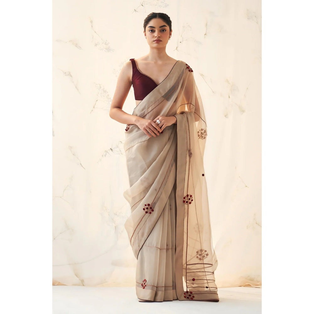 Janki India Taupe Organza Saree with Stitched Blouse and Petticoat