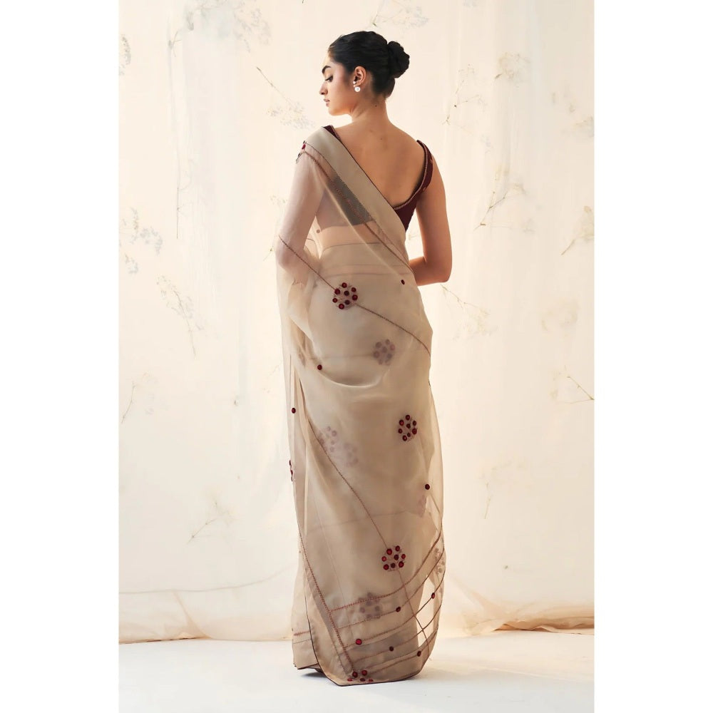 Janki India Taupe Organza Saree with Stitched Blouse and Petticoat