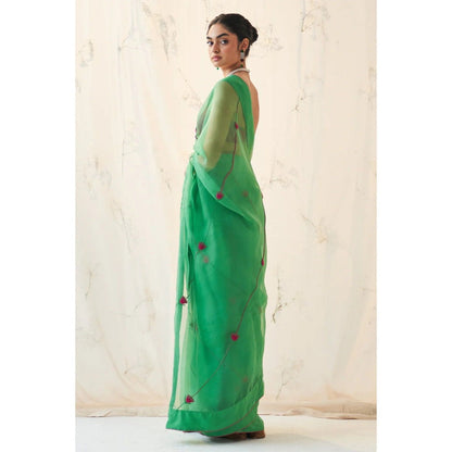 Janki India Emerald Green Organza Saree with Stitched Blouse and Petticoat