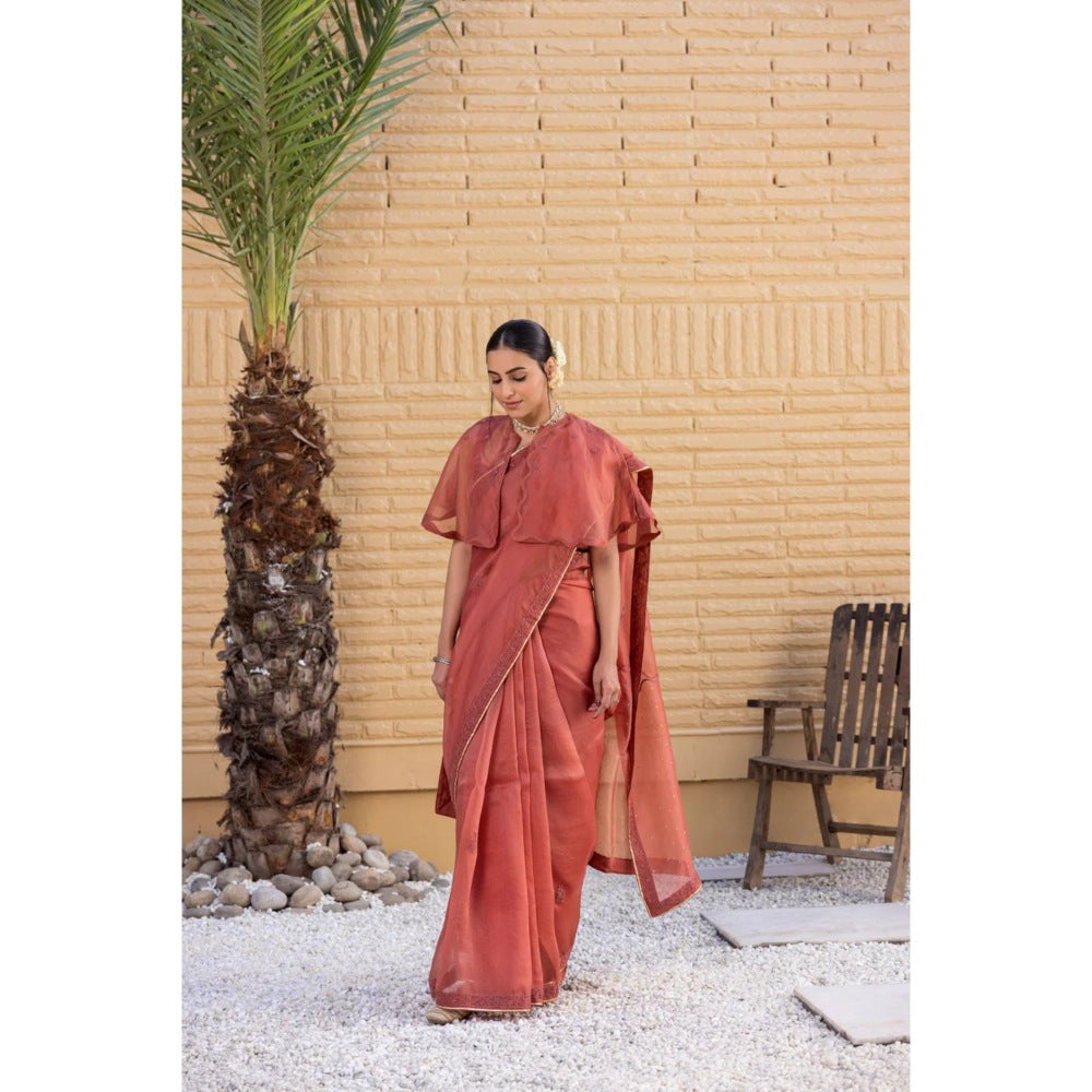 Janki India Rust Organza Saree with Stitched Blouse and Petticoat