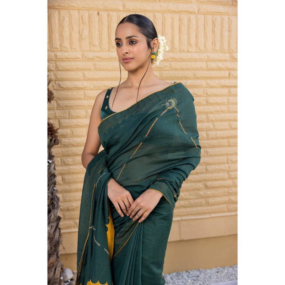 Janki India Emerald Green Chanderi Saree with Stitched Blouse and Petticoat
