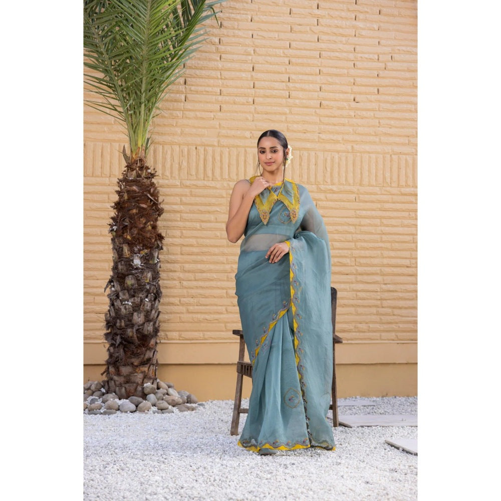 Janki India Teal Organza Saree with Stitched Blouse and Petticoat
