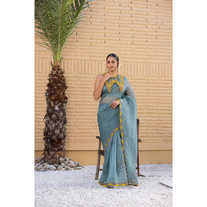 Janki India Teal Organza Saree with Stitched Blouse and Petticoat