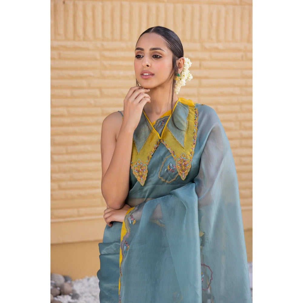 Janki India Teal Organza Saree with Stitched Blouse and Petticoat