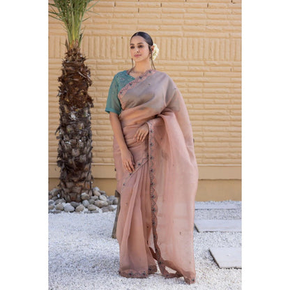 Janki India Rose Gold Organza Saree with Stitched Blouse, Cape and Petticoat