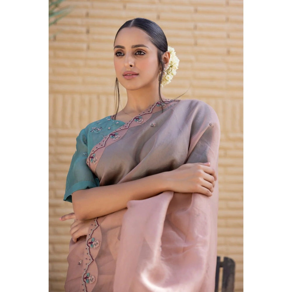 Janki India Rose Gold Organza Saree with Stitched Blouse, Cape and Petticoat