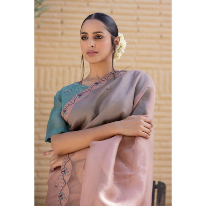 Janki India Rose Gold Organza Saree with Stitched Blouse, Cape and Petticoat