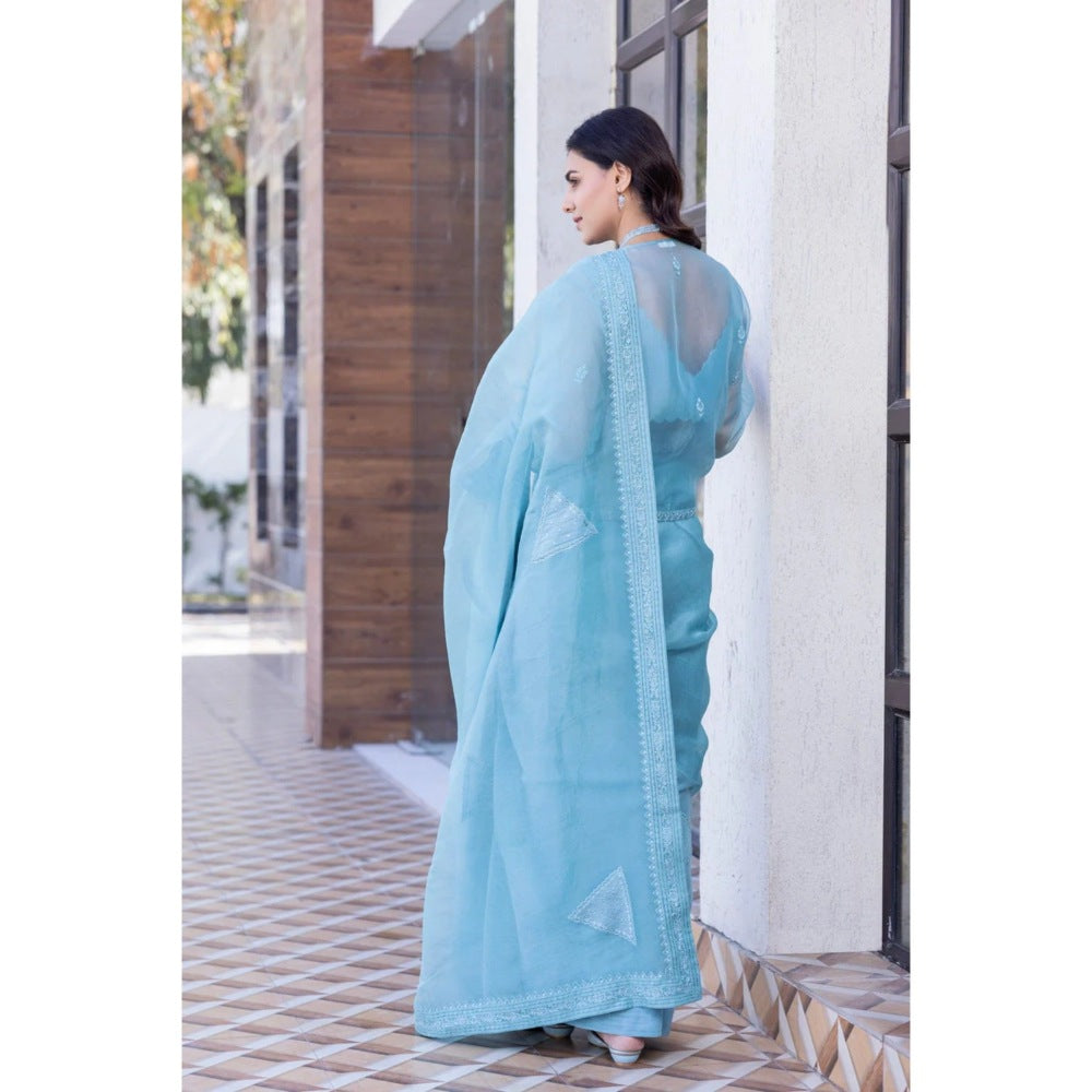 Janki India Sky Blue Chanderi Embroidered Saree with Stitched Blouse, Short Jacket and Petticoat