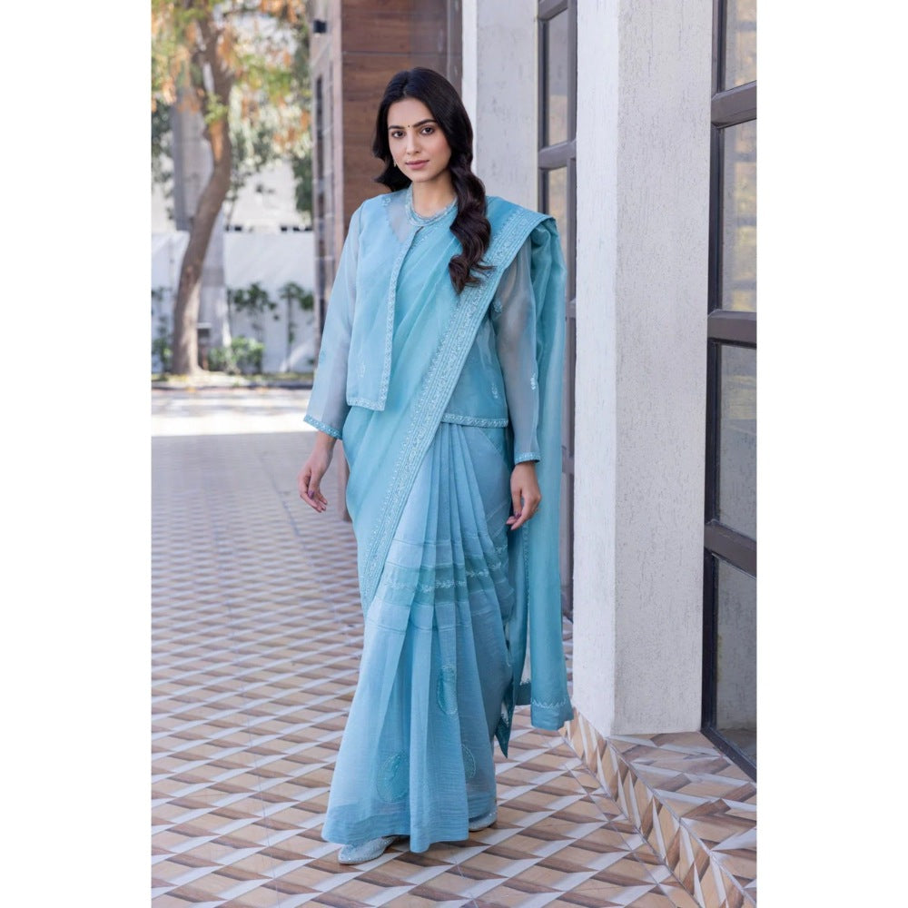 Janki India Sky Blue Chanderi Embroidered Saree with Stitched Blouse, Short Jacket and Petticoat