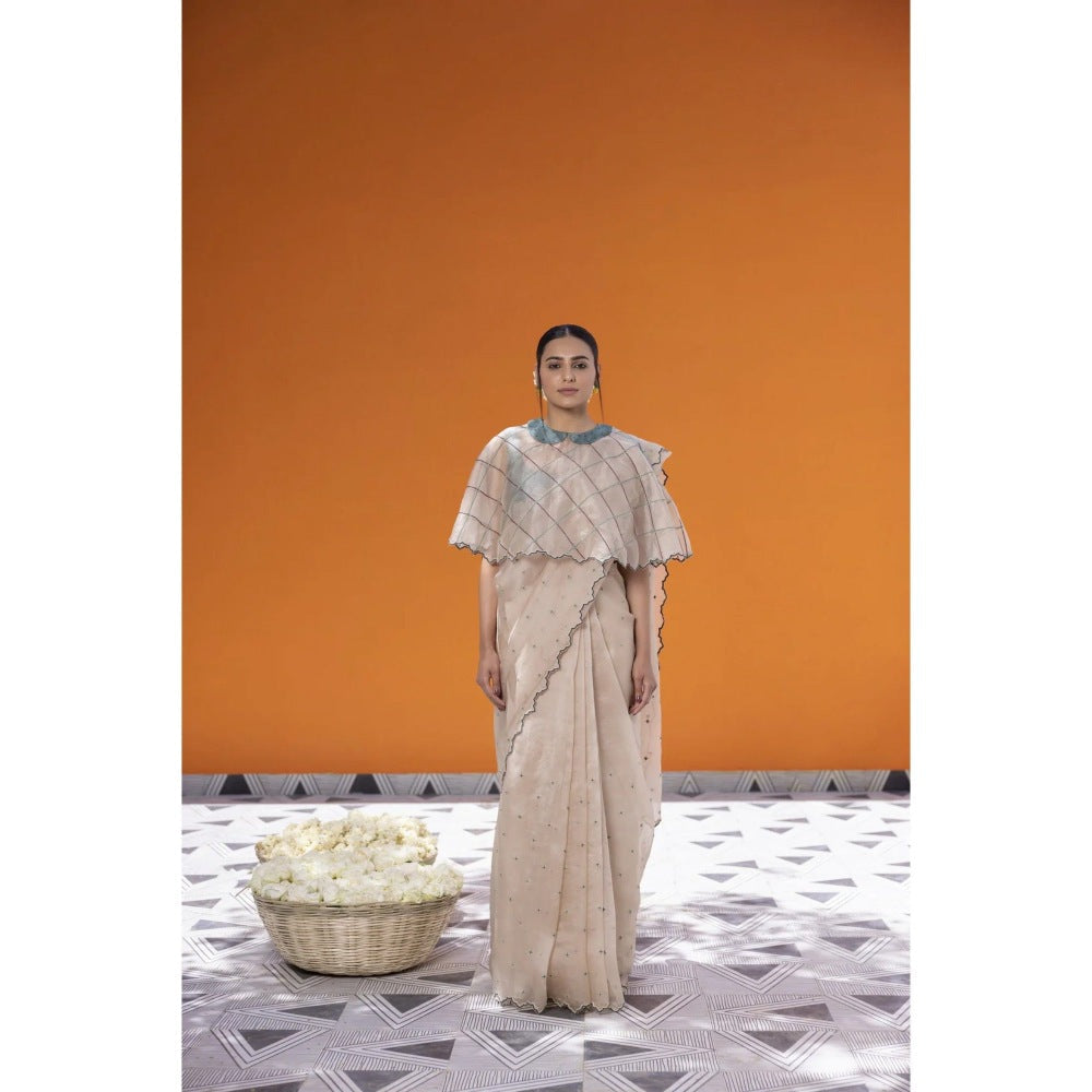 Janki India Ivory Organza Saree with Stitched Blouse and Petticoat
