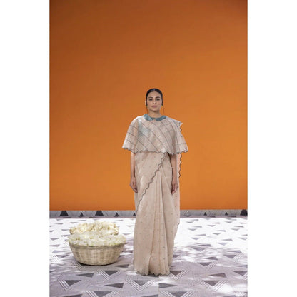 Janki India Ivory Organza Saree with Stitched Blouse and Petticoat