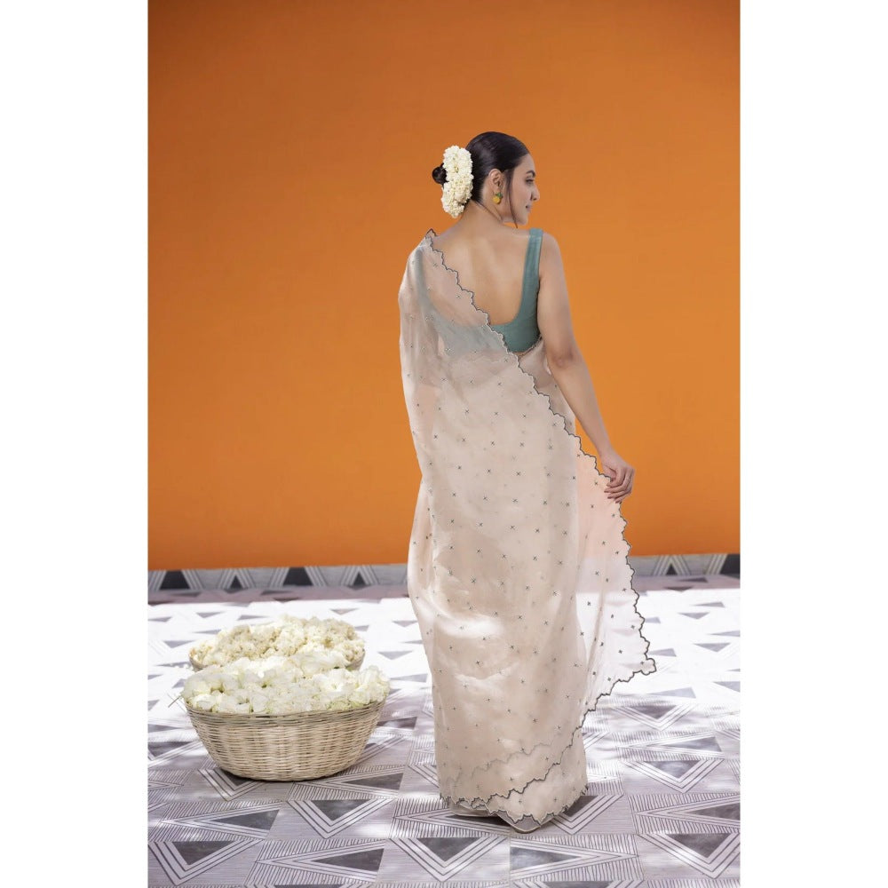 Janki India Ivory Organza Saree with Stitched Blouse and Petticoat