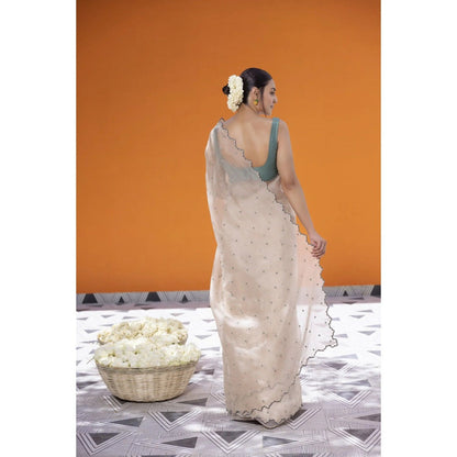 Janki India Ivory Organza Saree with Stitched Blouse and Petticoat