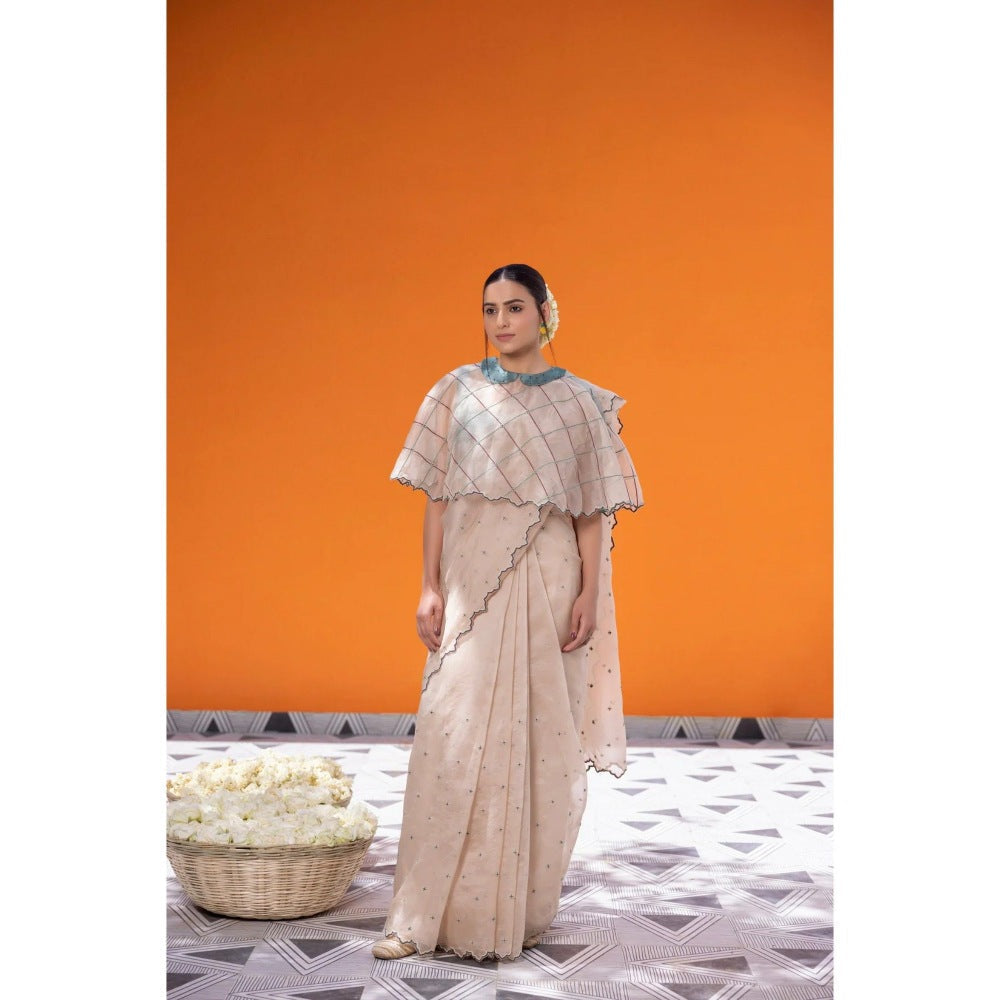 Janki India Ivory Organza Saree with Stitched Blouse and Petticoat