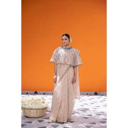 Janki India Ivory Organza Saree with Stitched Blouse and Petticoat