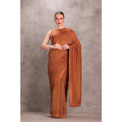 Janki India Brown Chanderi Shadow Saree with Stitched Blouse and Petticoat