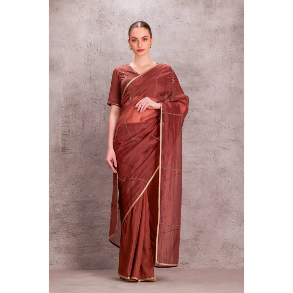 Janki India Brown Organza Saree with Stitched Blouse and Petticoat