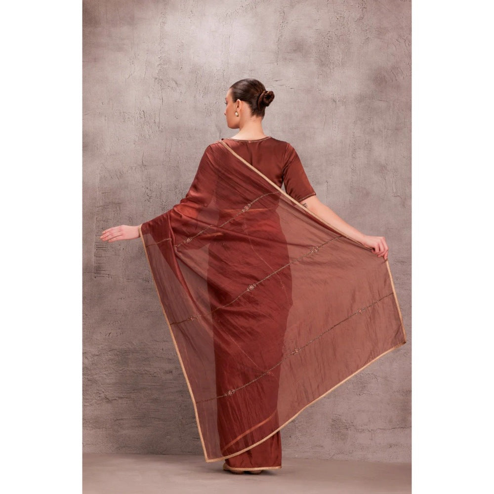Janki India Brown Organza Saree with Stitched Blouse and Petticoat